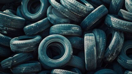 A pile of used car tires stacked together, creating a textured pattern with a monochromatic color scheme of black and dark grey.