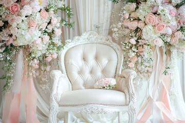 White Ornate Chair Adorned with Pink Roses and White Flowers