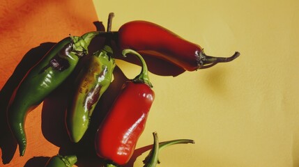 Poster - A group of colorful peppers, featuring red and green ones, are arranged against a bold two-tone yellow and orange background.