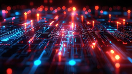 Poster - A futuristic digital landscape featuring glowing circuits and vibrant lights, representing technology and innovation.