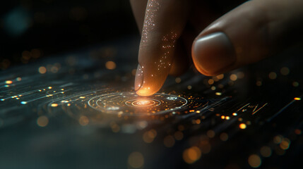 Finger touching on virtual screen ,hologram display,interface,big data concept.