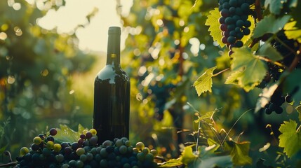 Poster - A bottle of wine amidst grapevines, glistening in sunlight, evoking a pastoral charm and abundance in a vineyard.