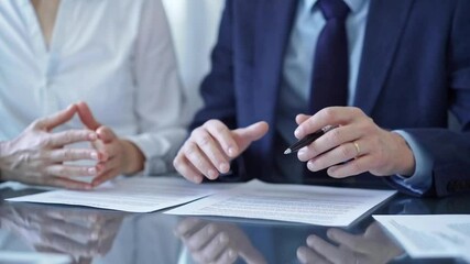 Wall Mural - Business people having meeting discussing contract details. Diverse group team, close up