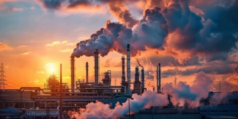 Aufkleber - Industrial plant exterior with smokestacks against a sunset sky, energy production and environmental impact
