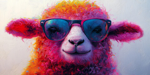 Sticker - A close-up portrait of a sheep with colorful fur wearing sunglasses. The sheep has a playful expression, creating a fun and quirky image.