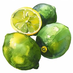 Sticker - green watercolor lime and lemons isolated 