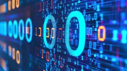 Poster - A close-up view of a digital binary code stream, with glowing blue 1s and 0s flowing down a black background.