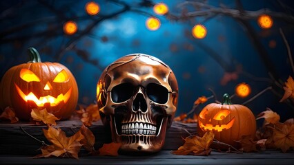 Wall Mural - Metallic skull among Jack-o-Lanterns in eerie blue forest background, Halloween decoration. Generative AI