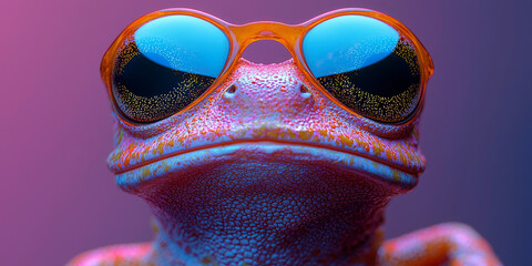 Wall Mural - A close-up shot of a frog wearing sunglasses, with a cool and trendy vibe.