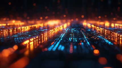 Poster - Abstract representation of digital data, featuring vibrant hues of orange and blue lights reflecting a technological environment.