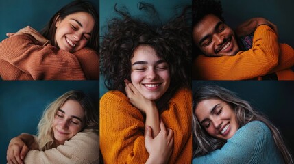 Wall Mural - A series of images showing different individuals hugging themselves in various settings, symbolizing the universal need for self-compassion.