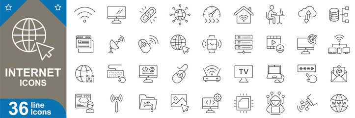 Wall Mural - internet line icons set. network, wi-fi, browser, cloud, download, upload, email, search, firewall a