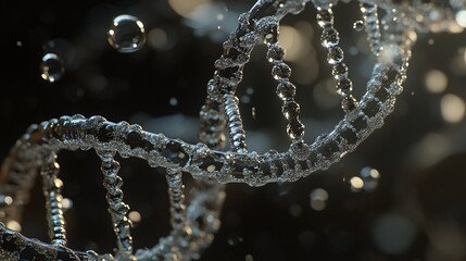 Wall Mural - A 3D rendering of a DNA double helix made of water droplets against a dark background.