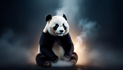 fantasy cute panda deity shrouded mist fog smoke dark background portrayed cinematic movie poster style