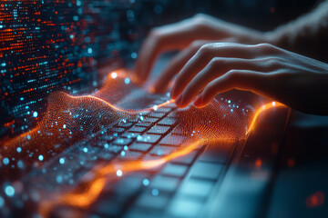 Poster - An abstract image of a digital coderâ€™s hands typing on a keyboard, with binary code and digital patterns emerging from the screen like waves, isolated on a pastel gray background,