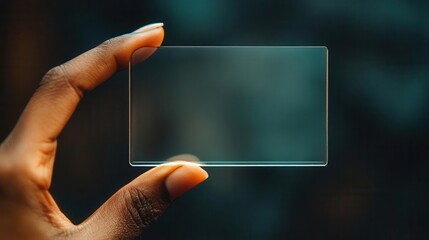 closeup of hand holding a sleek transparent business card with rounded edges against a neutral background