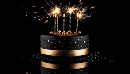 Wall Mural - Black and Gold Birthday Cake with Sparklers