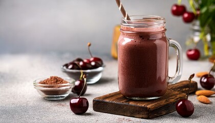 Wall Mural - Black forest smoothie with cherry, almond milk and cacao powder in glass jar, horizontal
