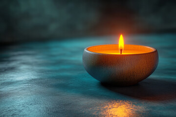 Poster - A minimalist 3D rendering of a single candle flame flickering softly in a dark room, casting gentle shadows on the walls, isolated on a pastel gray background,