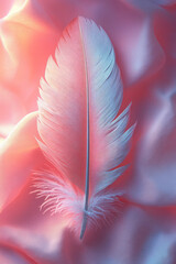 Poster - An artistic depiction of a single feather floating gently in the air, with a soft breeze moving it slightly, isolated on a pastel pink background,