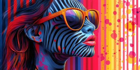 Wall Mural - A woman with red hair and a zebra patterned face stares off into the distance, wearing bright orange sunglasses against a colorful striped and splattered background.