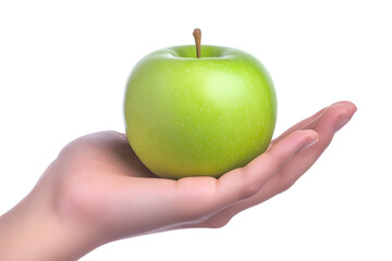 Female hand holding green apple isolated on white background
