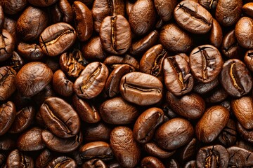 Wall Mural - Brown Roasted Coffee Beans Closeup On Dark Background with generative ai