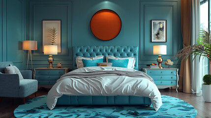 Wall Mural - Luxurious bedroom with teal walls, a tufted bed, ornate lamps, and a round orange wall accent, combining classic elegance with modern comfort in a harmonious design.