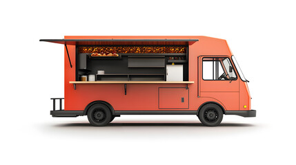 Wall Mural - 3d Red Realistic Food Truck isolated on white background. Takeaway food and drinks van mock up