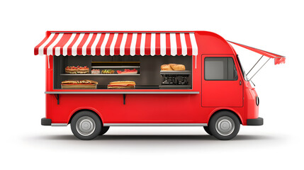 Wall Mural - 3d Red Realistic Food Truck isolated on white background. Takeaway food and drinks van mock up