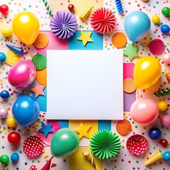 A vibrant birthday party backdrop with colorful balloons. confetti. and decorations surrounding a blank white square.