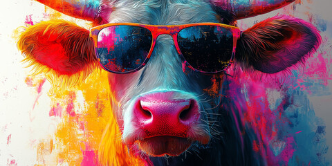 Wall Mural - Cool cow with sunglasses,  in a colorful abstract painting style.