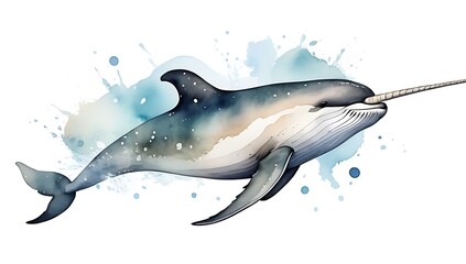 narwhal depicted authentic watercolor style set clean white background unique portrayal blending abstract flair lifelike details