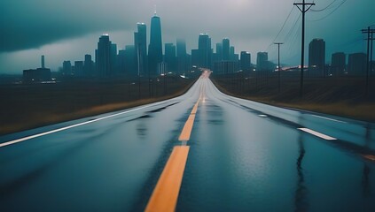 old broken distressed highway leading dystopian skyline rainy stormy weather