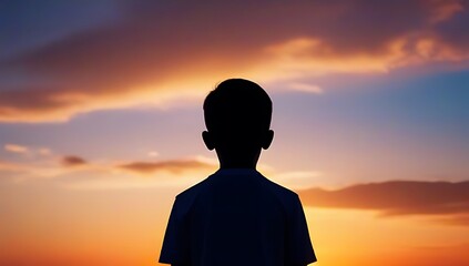 prayer concept featuring silhouette young boy praying pose set vibrant sunset sunrise sky symbolizing reflection yearning stillness hope