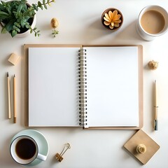 Sticker - A clean and minimalistic workspace with a blank open notebook. surrounded by coffee. a plant. and writing utensils.