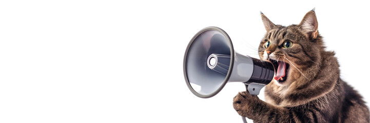 A gray cat shouts into a megaphone, announcing discounts or promotional offers. Pet holds a bullhorn in its paw with free space on a white background for product placement or advertising text.