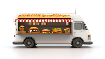 Wall Mural - 3d White Realistic Food Truck isolated on white background. Takeaway food and drinks van mock up	