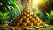© Sirinporn - Luxurious gold coins stacking into a gleaming 3D pyramid, surrounded by lush greenery and ornate decorations, symbolizing opulence, prosperity, and financial success.