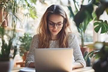 Wall Mural - Young beautiful woman working laptop a modern workspace