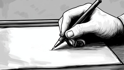 A hand holding an ink pen, writing on paper The illustration is in a black and white line art style with detailed lines, on a drawing board Generative AI