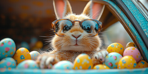 Canvas Print - A cute bunny rabbit wearing sunglasses sits in a car surrounded by Easter eggs.