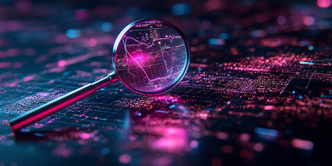 A magnifying glass reveals a complex data pattern in a neon grid.