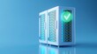 © Tackey - Modern data server with a glowing checkmark on the front, emphasized in blue lighting, symbolizing secure and reliable data storage.