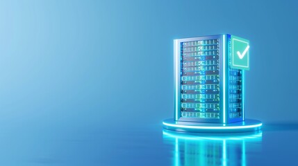 Modern data server with a neon checkmark icon in a blue futuristic environment, representing cloud storage and data security.