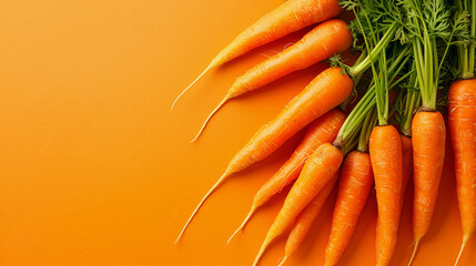 Fresh carrots on vibrant orange background create lively and appetizing display.