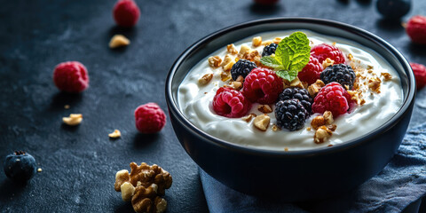 Delicious and healthy breakfast bowl full of granola, yogurt and fresh fruits is sitting on a rustic wooden table. The image has copy space on the left