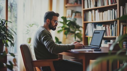 Poster - A focused man working on a laptop at a wooden table surrounded by plants and bookshelves in a cozy home office in the afternoon