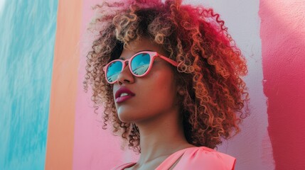 A confident woman with curly hair and pink sunglasses poses against a colorful wall, radiating a lively and trendy vibe on a sunny day.