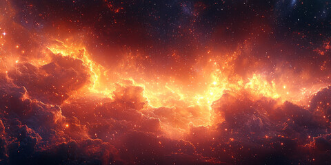 A fiery nebula in space, filled with swirling clouds of gas and dust, illuminated by distant stars.